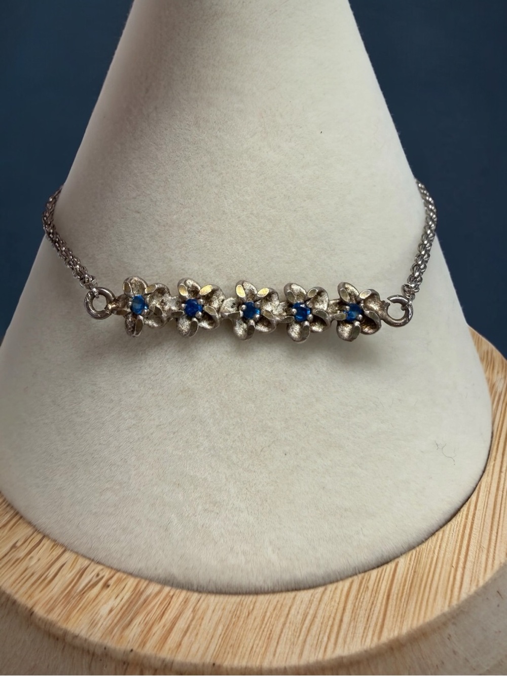 925 Italy Sterling Silver Blue Spinel Hawaiian Plumeria Flower Bracelet Vintage